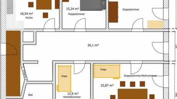Plano de planta que muestra una cocina (18,54 m²), dos habitaciones dobles (15,24 m² y 19,08 m²), un baño (10 m²), un salón (26,1 m²) y un comedor (12,9 m²).