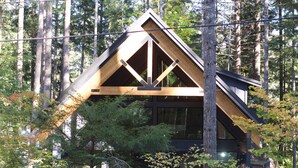 Une cabane moderne dotée d’un toit triangulaire, entourée d’une forêt dense.