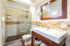 Shower, hair dryer, towels