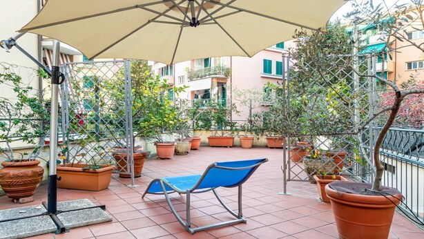 Um terraço com uma cadeira azul, um grande guarda-sol e vasos de plantas.