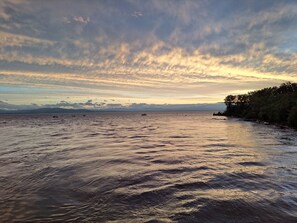 A coastal landscape with a body of water, a distant shoreline with trees, and a cloudy sky.