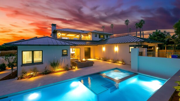 Uma casa moderna com piscina, área de estar ao ar livre e céu ao pôr do sol.