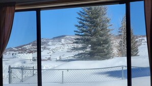 Vista nevada desde una ventana, con una cerca y un árbol.