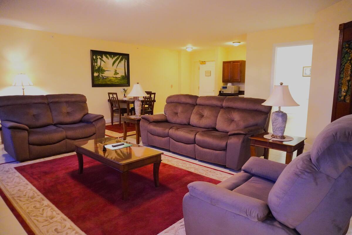 A living room with two sofas, a coffee table, and a dining area with chairs and a table.
