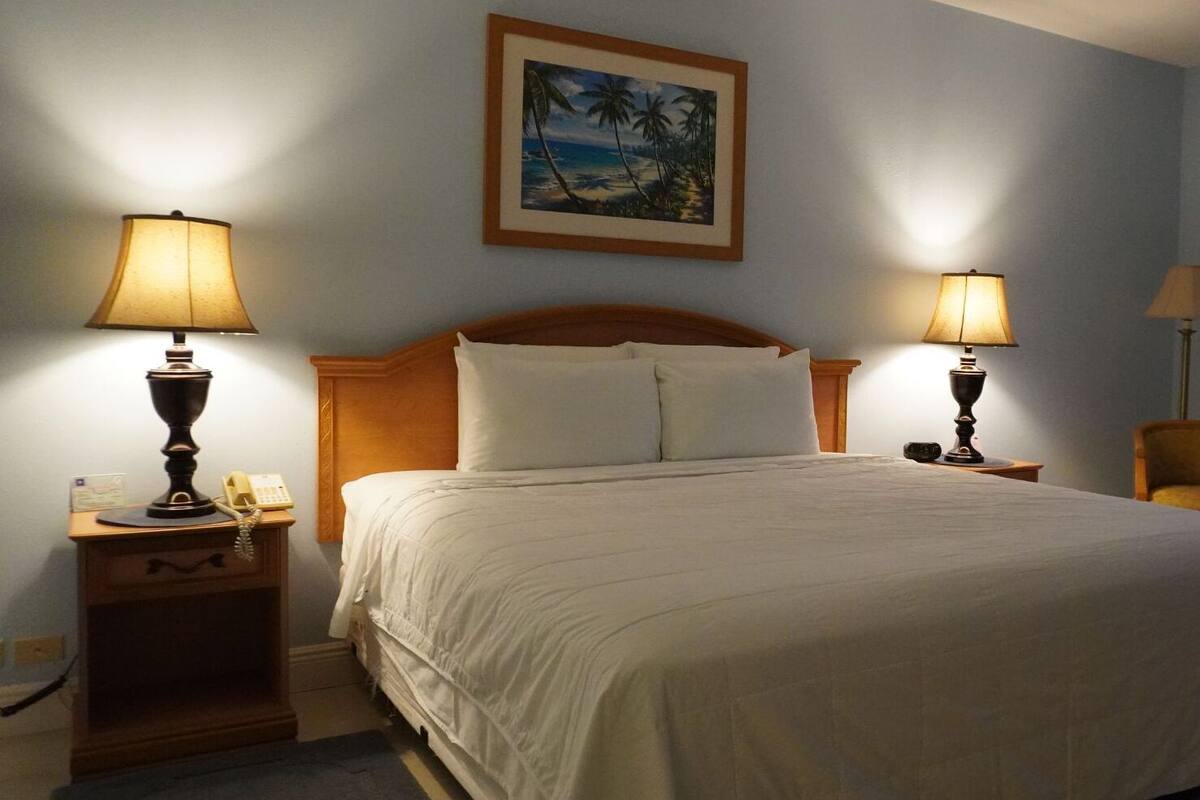 A neatly made bed with white linens, two bedside lamps, a wooden nightstand with a telephone, and a framed picture of a beach scene on the wall.