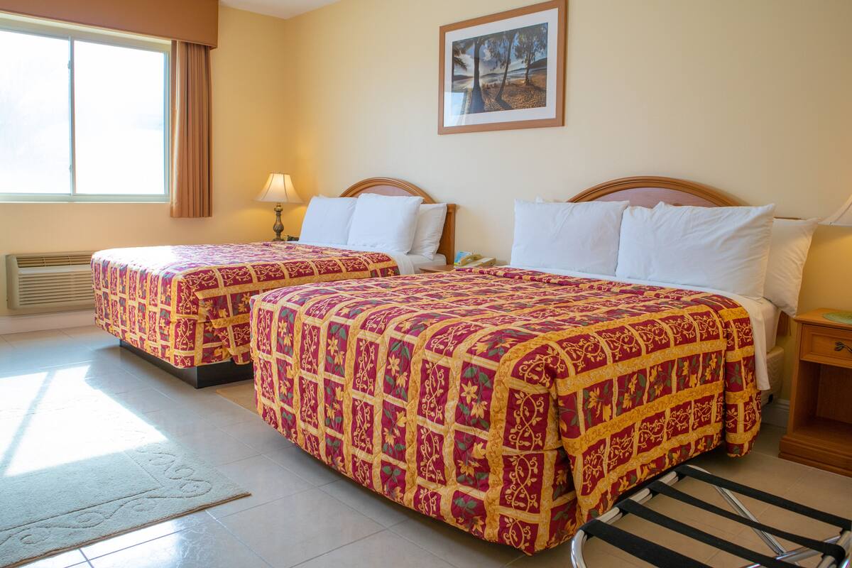 A hotel room with two beds, a large window, a framed picture on the wall, and a radiator.