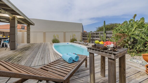 Eine Holzterrasse mit Whirlpool, Liegestühlen und einem Tisch mit Früchten und einem Kakteengarten.