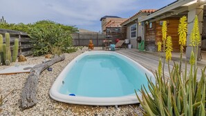 Ein rechteckiger Swimmingpool mit umlaufender Holzterrasse, einem Holenzaun und verschiedenen Kakteen und Sukkulenten.