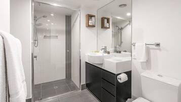 Shower, towels, soap, toilet paper