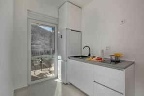 Una cocina moderna con refrigerador empotrado, un lavamanos y una pequeña encimera con tabla de cortar y verduras.