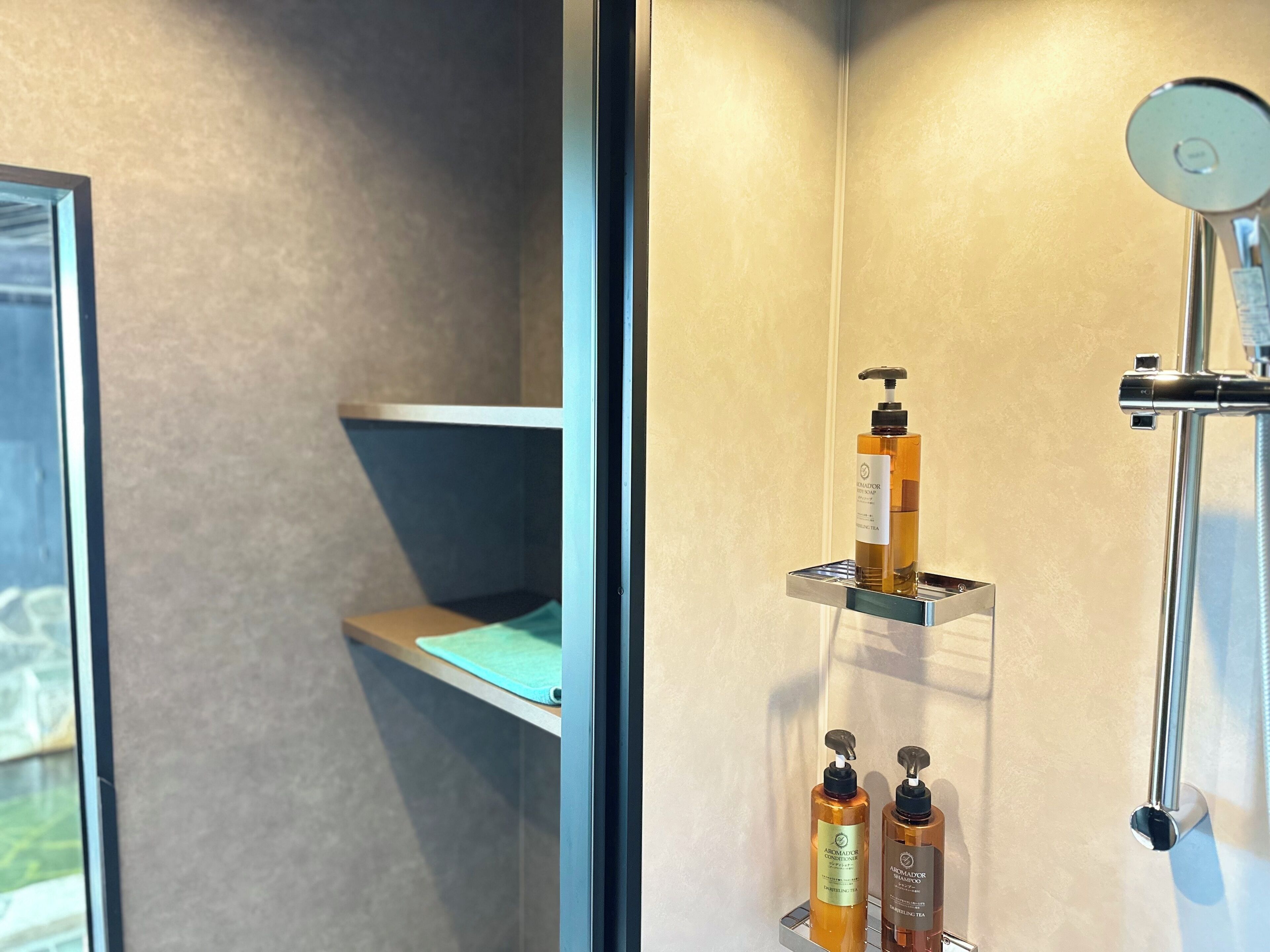 A modern bathroom with a glass shower enclosure, a built-in shelf with toiletries, and a visible window.
