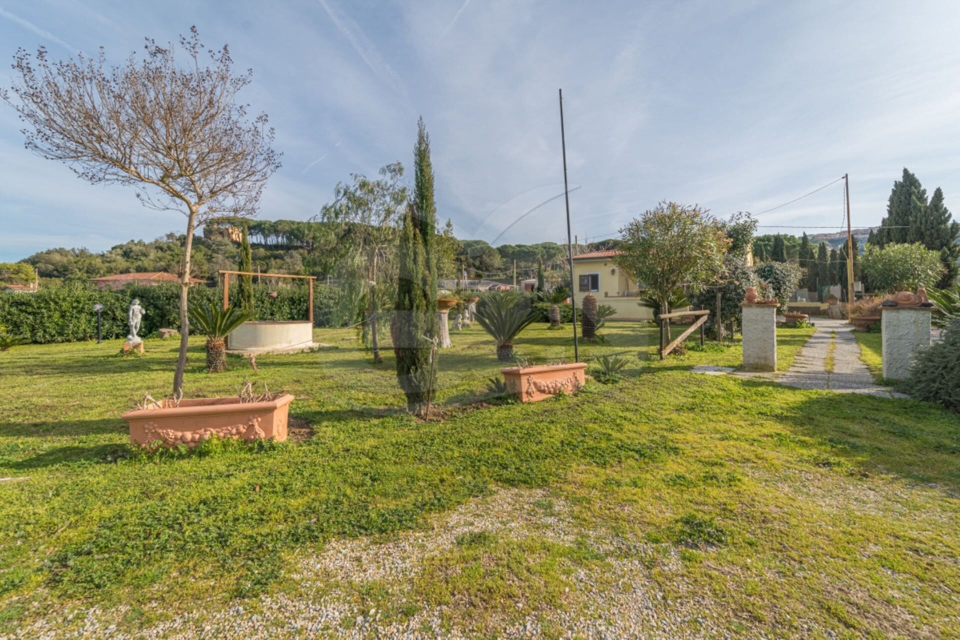 A well-maintained garden with various plants and a statue.