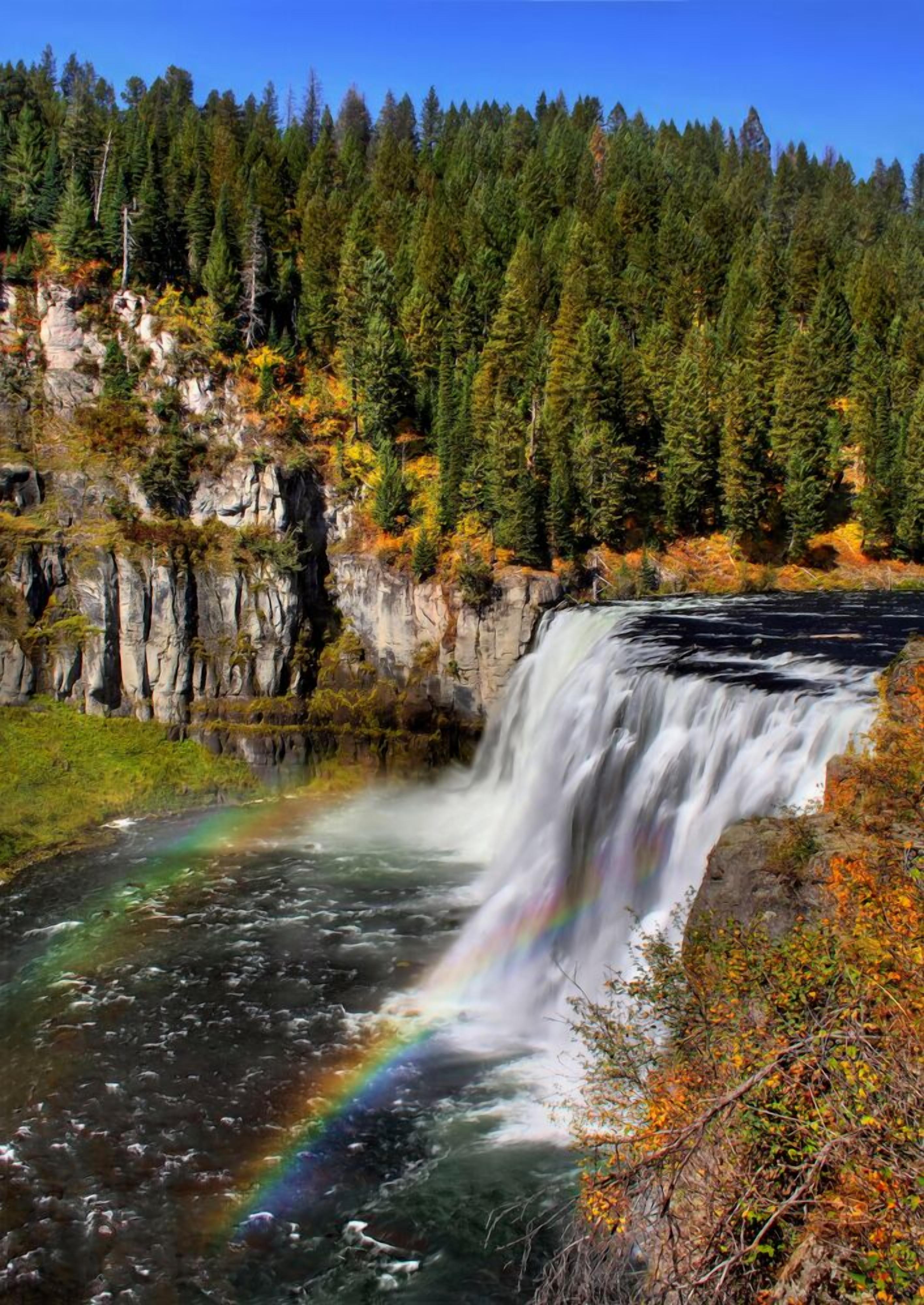 Una cascada con un arcoíris, rodeada de un bosque denso y acantilados rocosos.