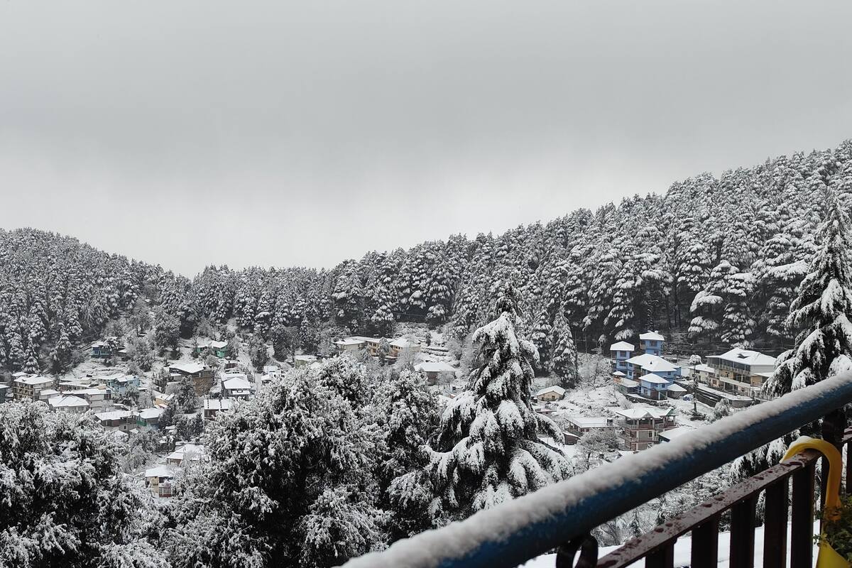 Un pueblo cubierto de nieve con casas y árboles, visto desde un balcón.