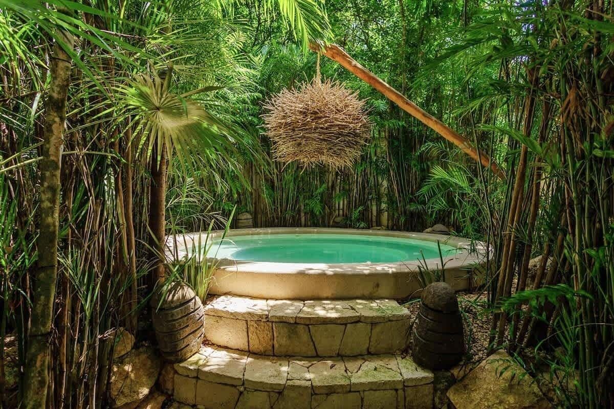 A hot tub surrounded by lush greenery and stone steps leading up to it.