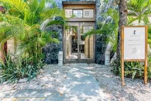 A building entrance with a pathway leading to a glass door, surrounded by tropical plants.