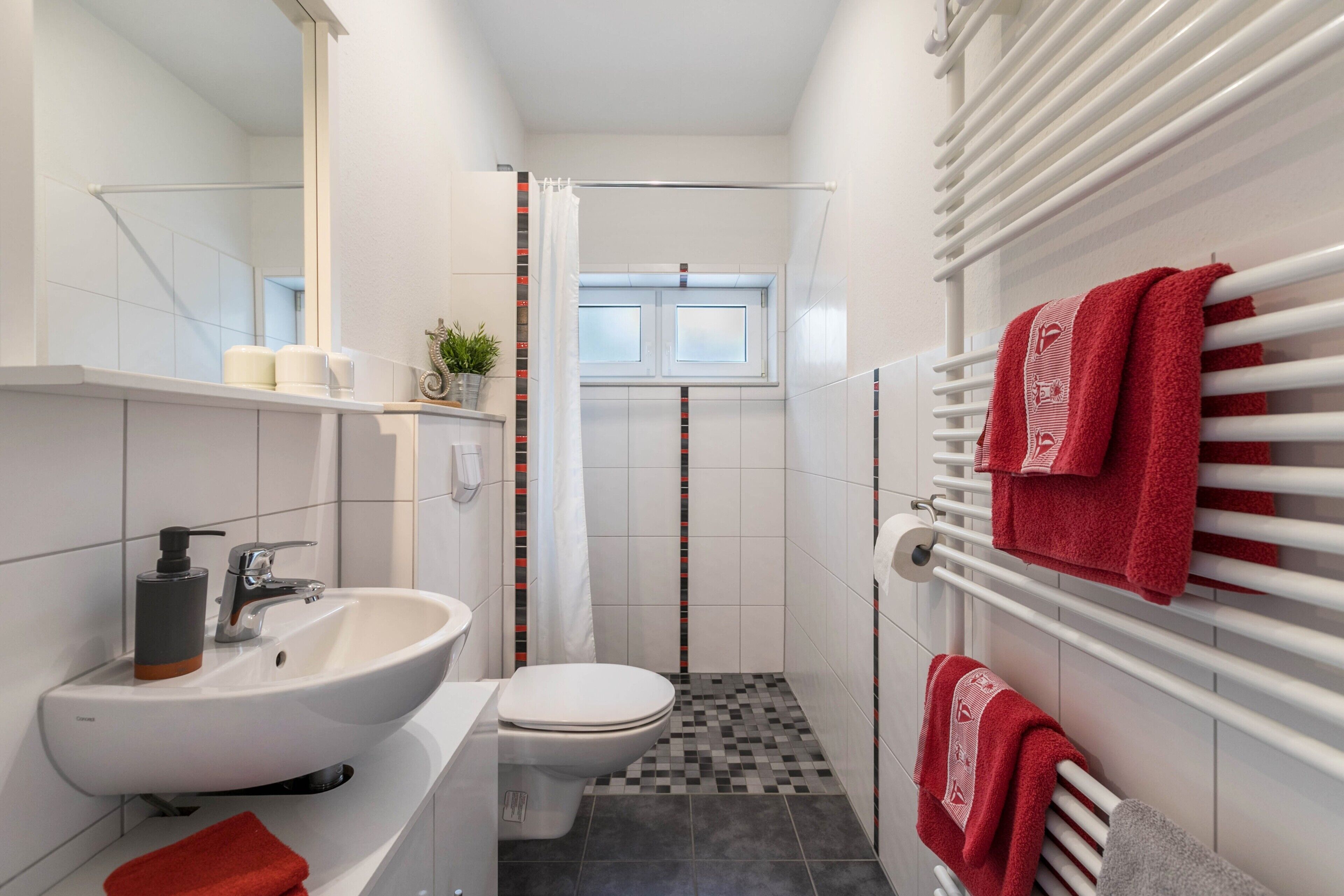 Chuveiro, secador de cabelo, toalhas de banho 