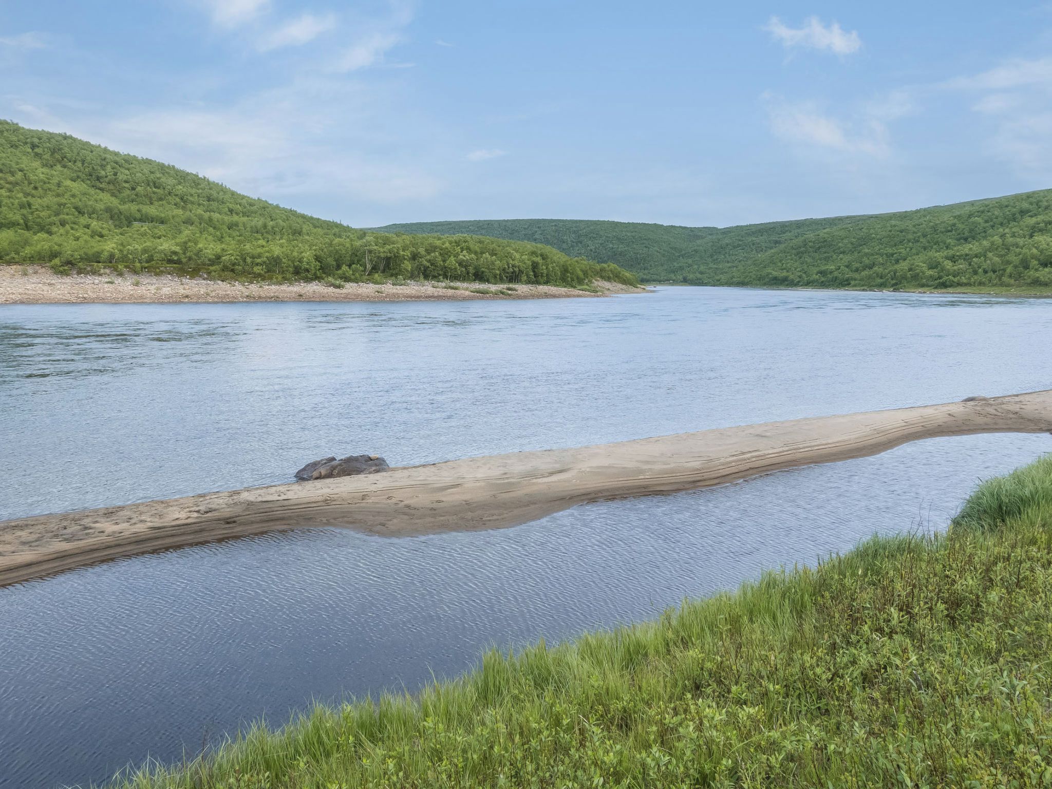 A river with a sandy bank and a log in the water.