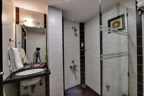 Shower, rainfall showerhead, hair dryer, slippers