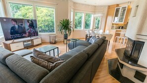 A modern living room with a large grey sofa, a flat-screen TV, a coffee table, and a fireplace.