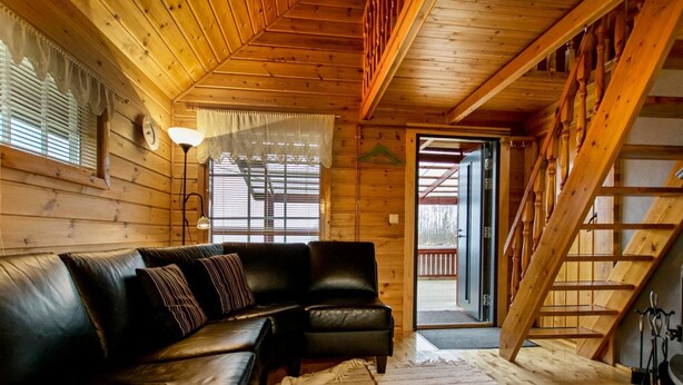 A wooden cabin interior with a black leather sofa, a wooden staircase, and a view through an open door.