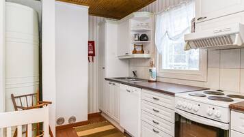 Fridge, microwave, dishwasher, cookware/dishes/utensils