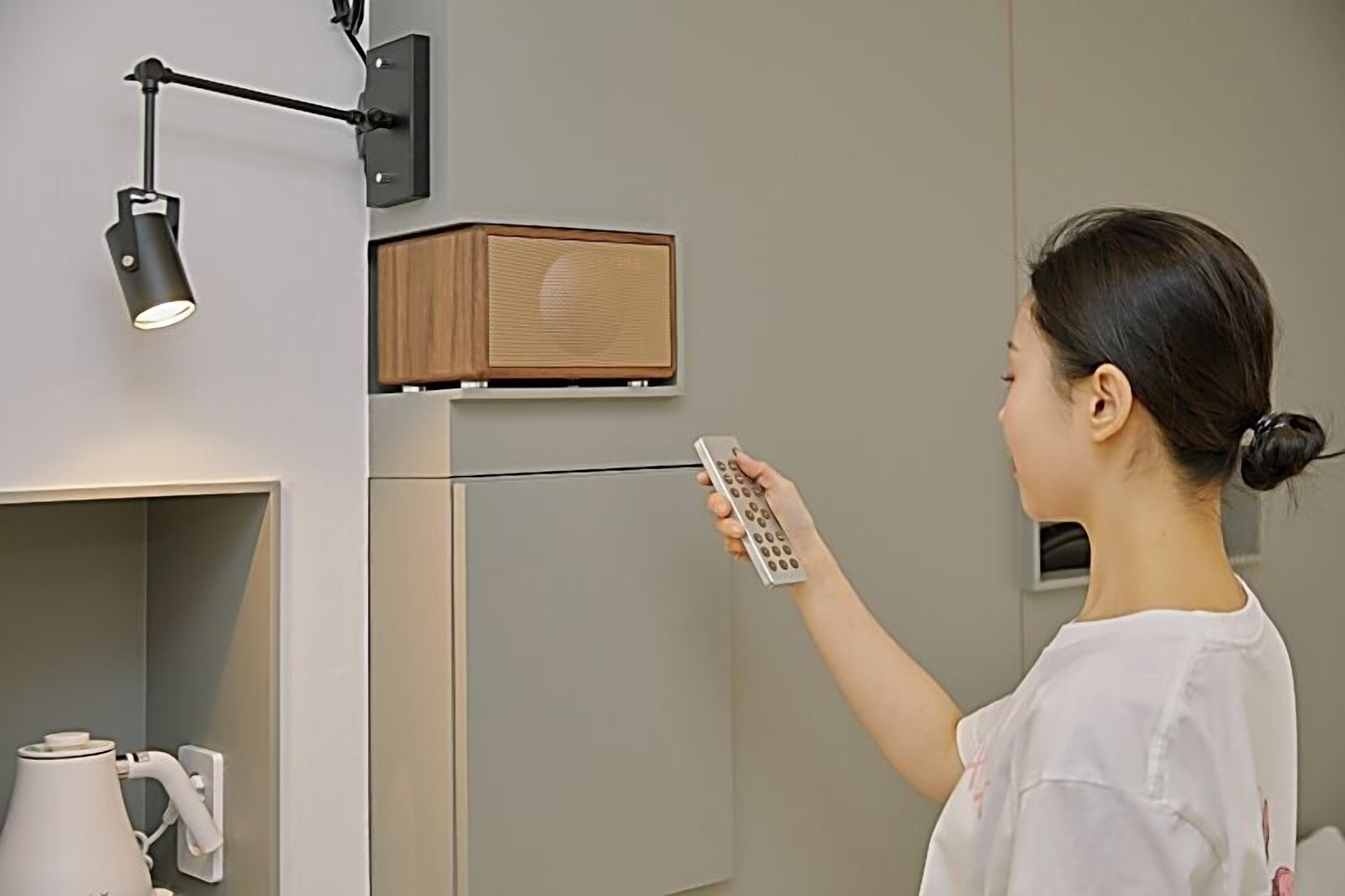 A person holding a remote control in front of a wall-mounted speaker and a modern lamp.
