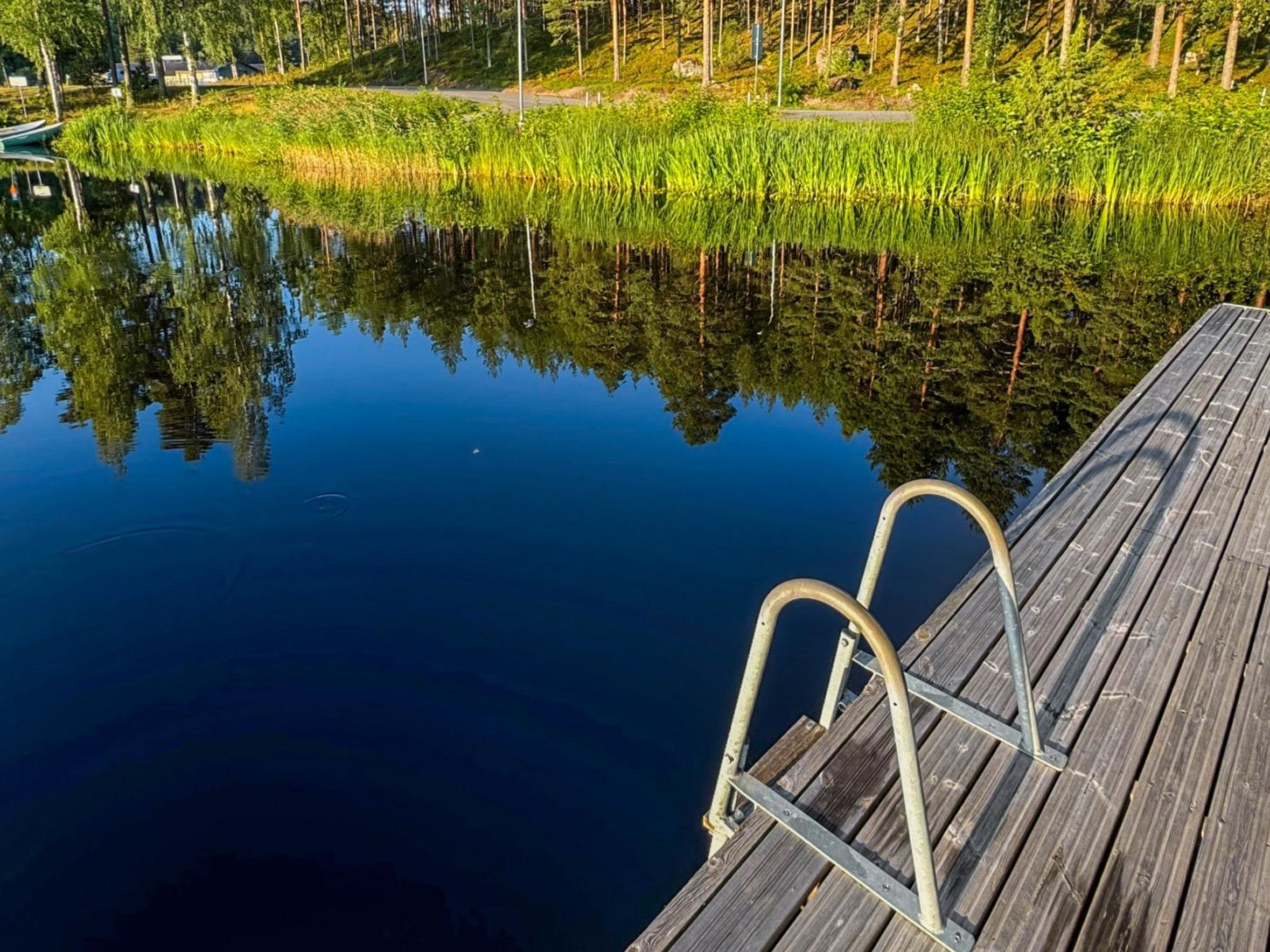Un muelle de madera que se extiende sobre aguas tranquilas con una escalera de metal, rodeado de abundante vegetación y árboles.