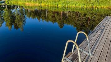 Un muelle de madera que se extiende sobre aguas tranquilas con una escalera de metal, rodeado de abundante vegetación y árboles.