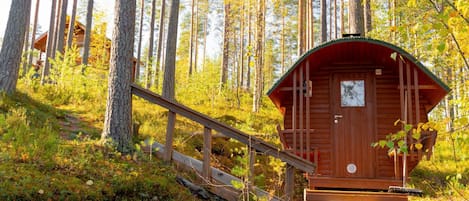 Een houten blokhut met een veranda, omringd door een bos.