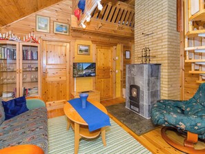 A cozy cabin interior with a fireplace, wooden walls, a television, and a bookshelf. - Villa käpytikka by Interhome (Liperi)