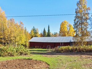 A red barn with a metal roof, surrounded by trees with autumn foliage, and a clear sky.