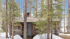 A log cabin surrounded by tall pine trees with a snow-covered ground.