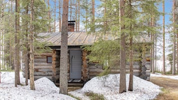 Eine Blockhütte, umgeben von hohen Kiefern mit verschneitem Boden.