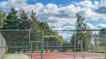 Un court de tennis entouré de clôtures, avec un ciel dégagé et des arbres en arrière-plan.
