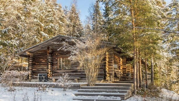 A log cabin with a porch and steps leading to the entrance, surrounded by snow-covered trees. - Kaasavuoren ranta by Interhome (Naantali)