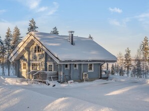 A log cabin with a steeply pitched roof, a chimney, and a porch.