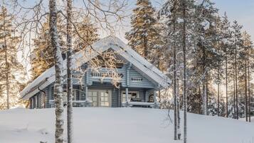 A log cabin with a steep roof, surrounded by snow-covered trees.