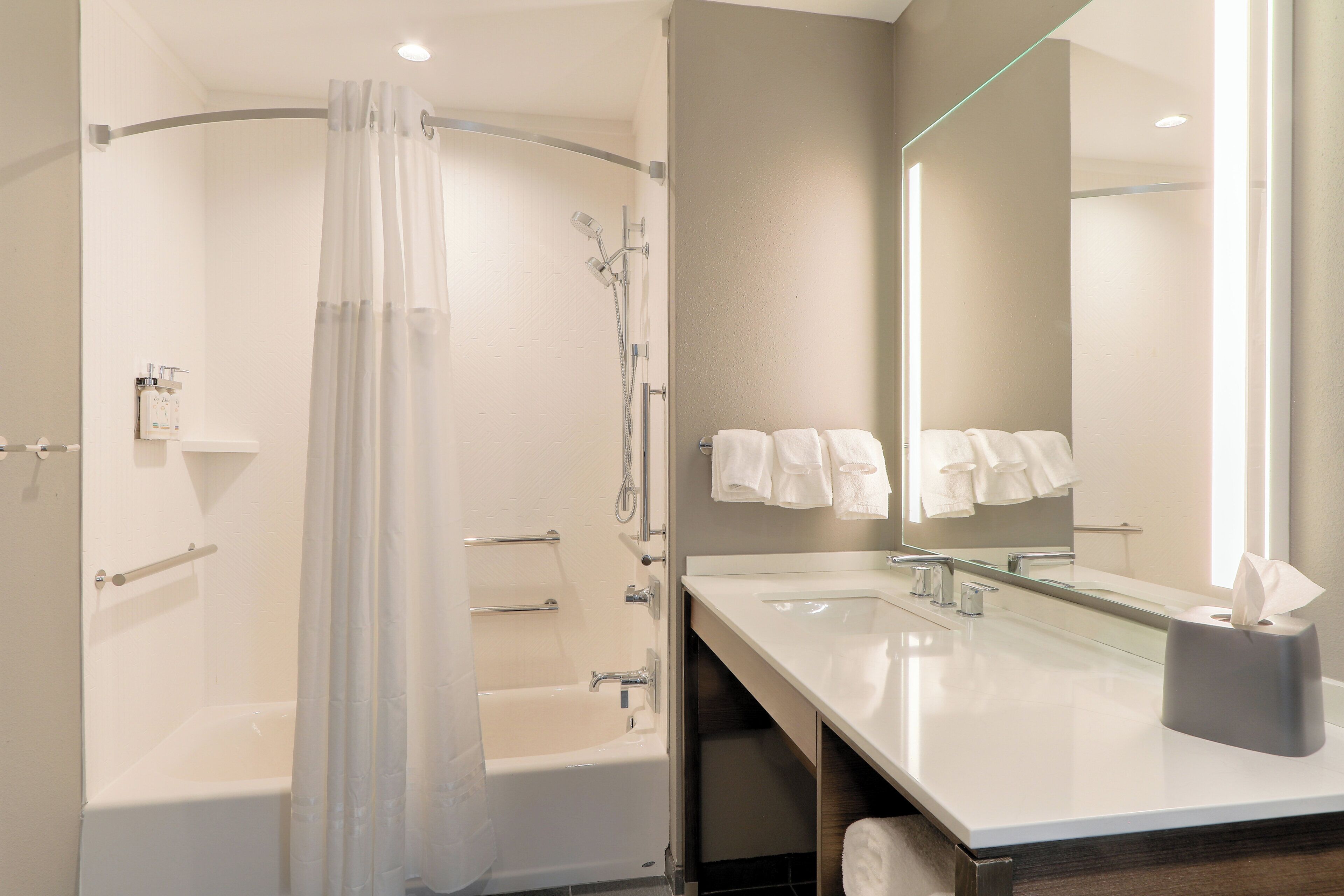 A modern bathroom with a bathtub, a shower, and a vanity with a mirror.