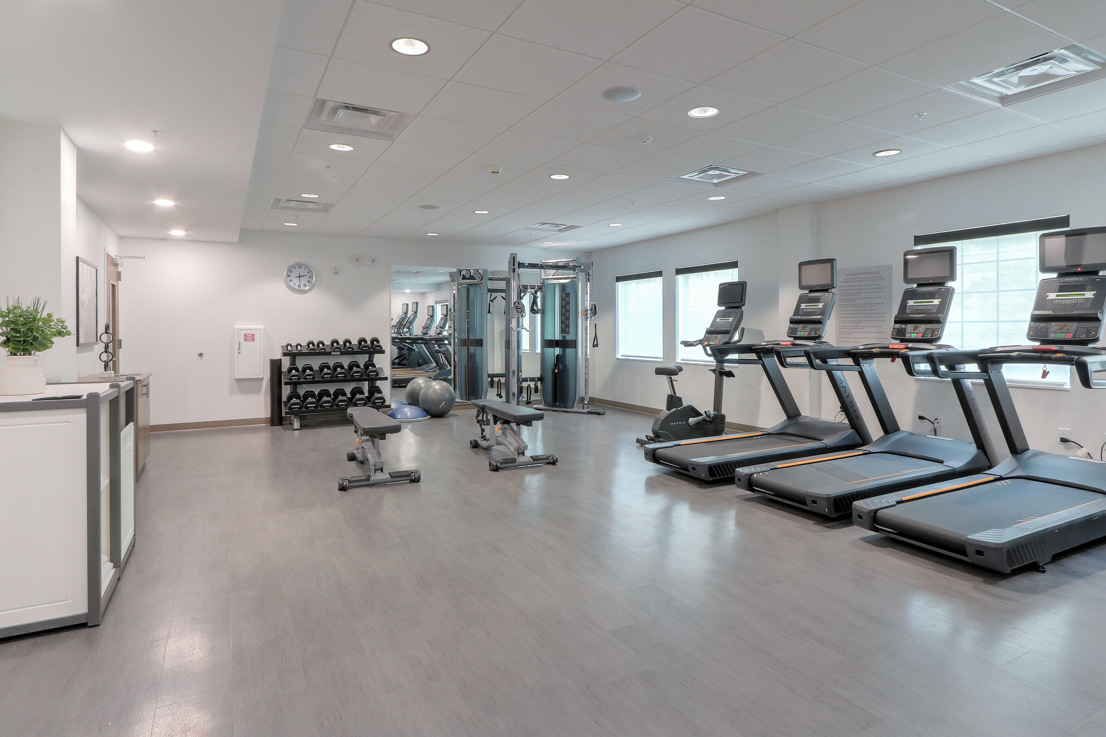 Une salle de sport équipée de tapis de course, de poids et de ballons d’exercice.