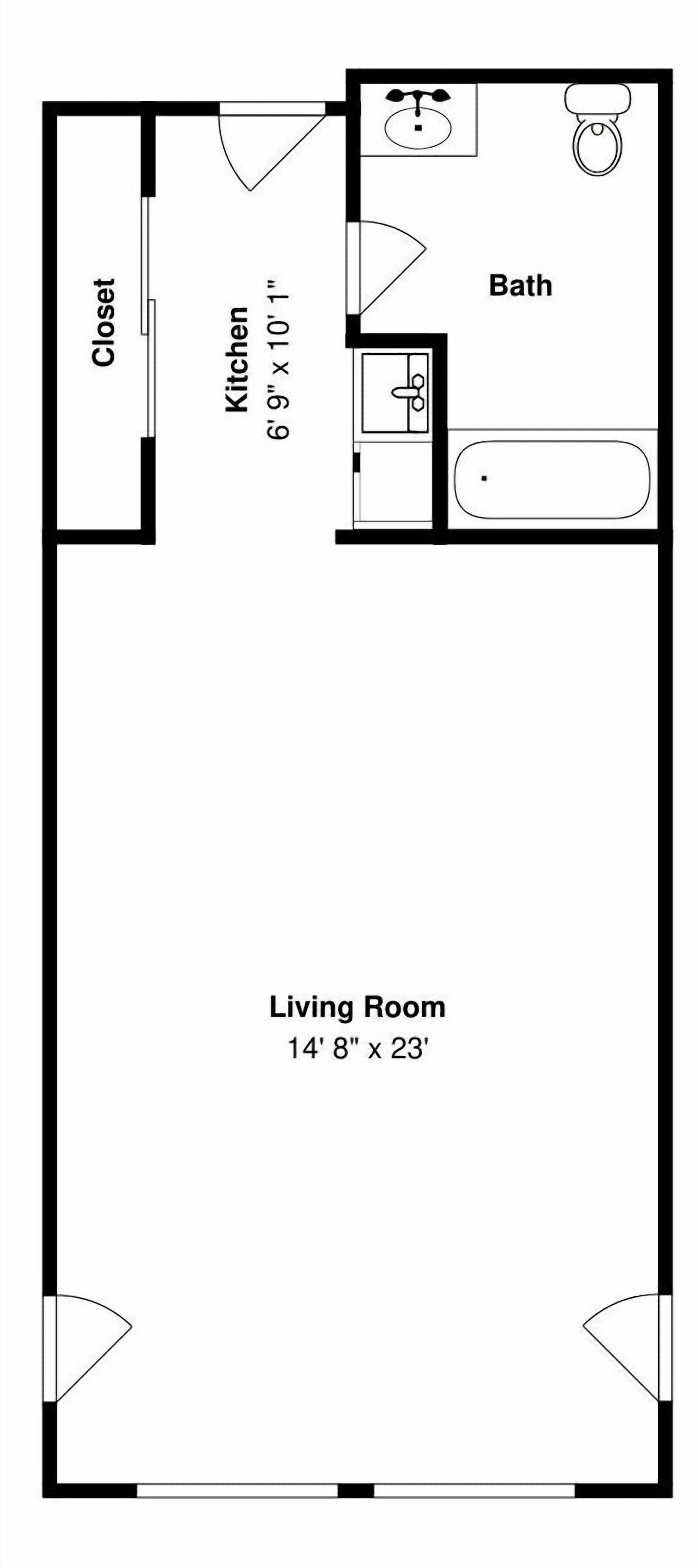 A floor plan of a second-floor apartment with a living room measuring 14'8" x 23', a kitchen measuring 6'9" x 10'1", a bathroom, and a closet.