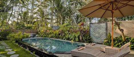 Piscine extérieure, parasols de plage, chaises longues