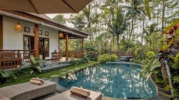 室外游泳池,池畔遮阳伞,日光浴躺椅