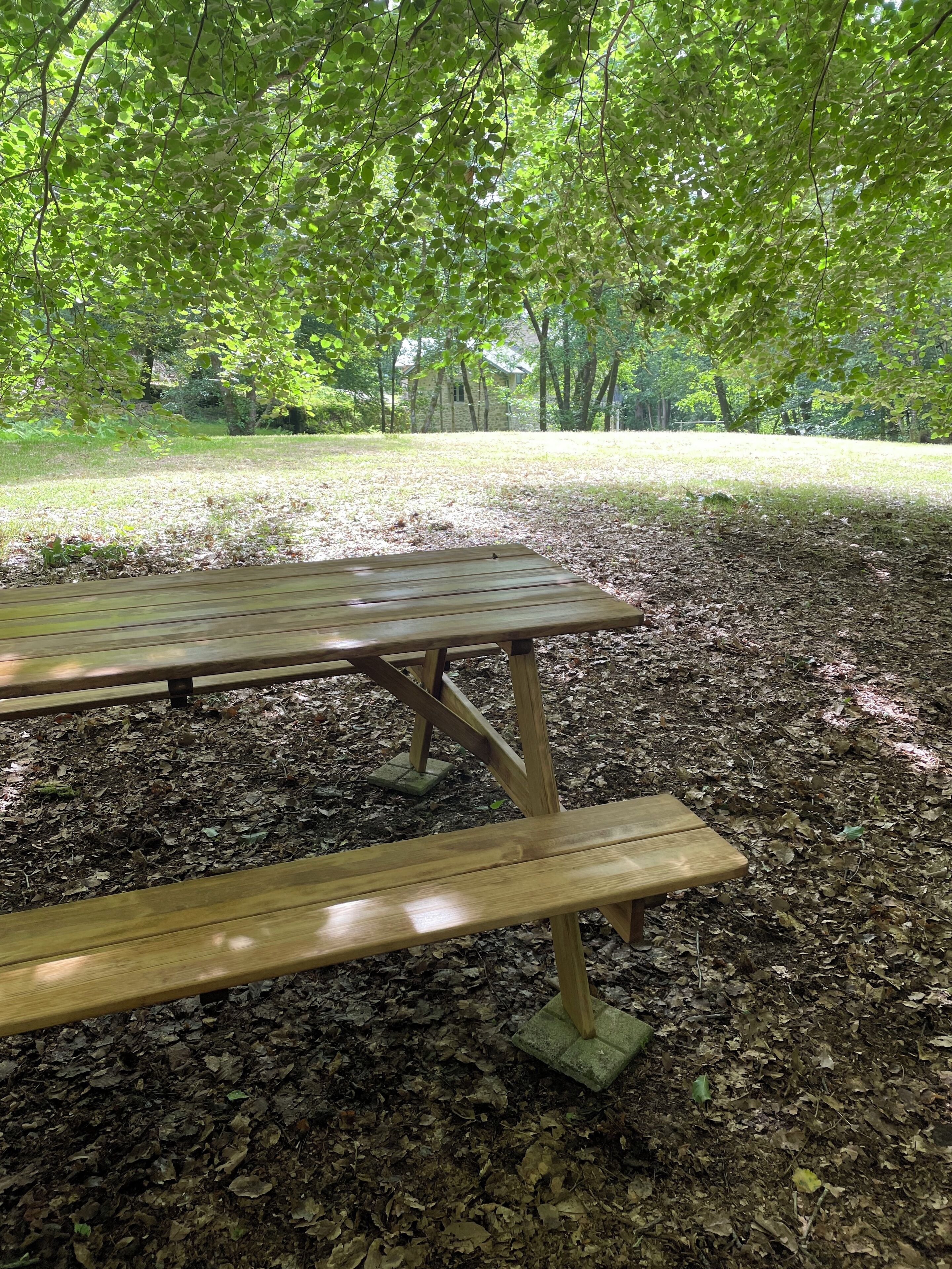 Una mesa de picnic de madera con bancos, rodeada de un césped con árboles y un edificio de piedra al fondo.
