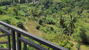 A lush green landscape with a variety of trees and vegetation, a clear sky, and a distant view of a town with buildings and vehicles. - MyFantasyResort.com Room A - Occupancy 2-3 Guests (Lemery Ph)