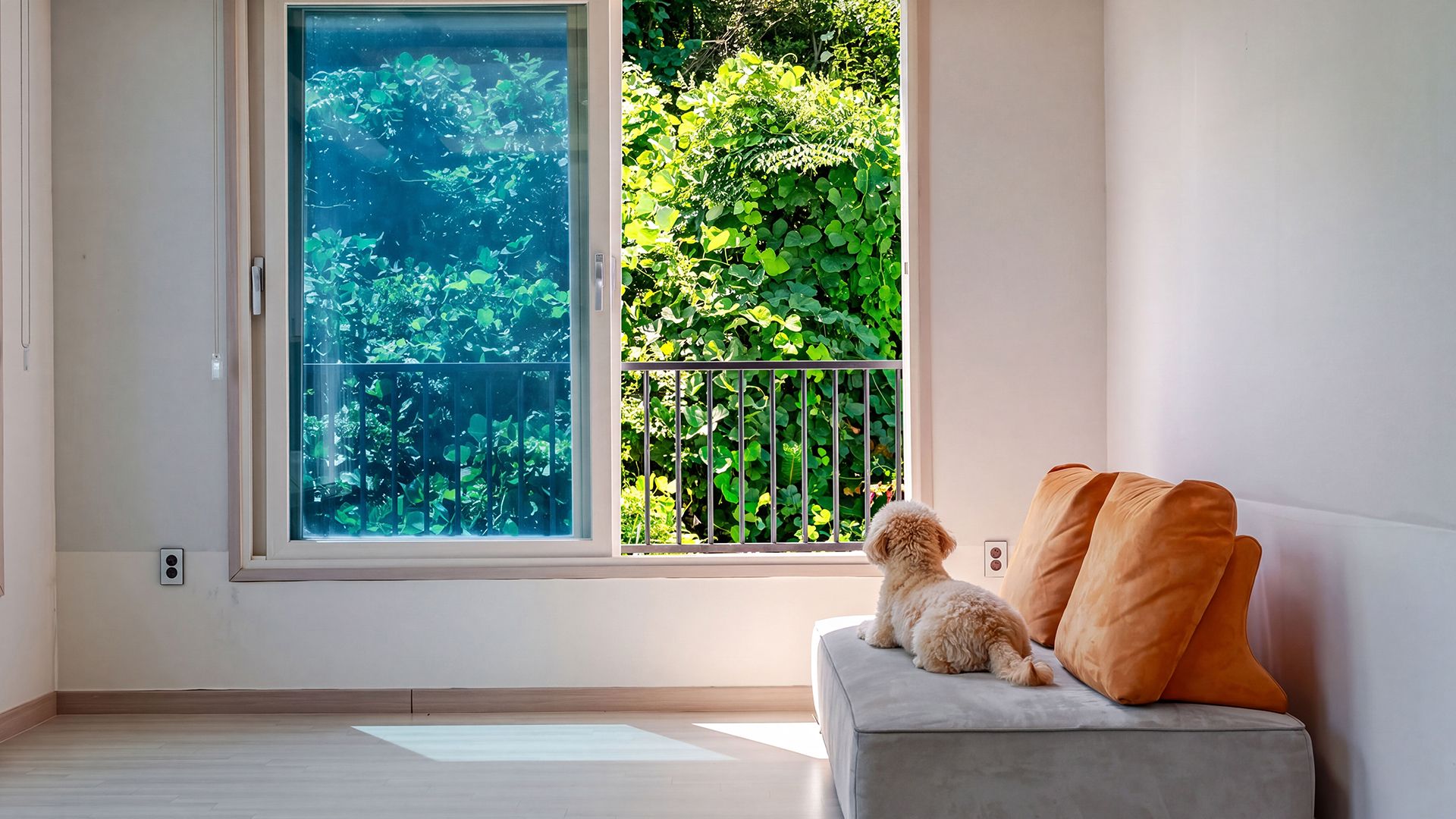 Ein Zimmer mit einer Schiebetür zu einem Balkon mit Blick auf Grünflächen.