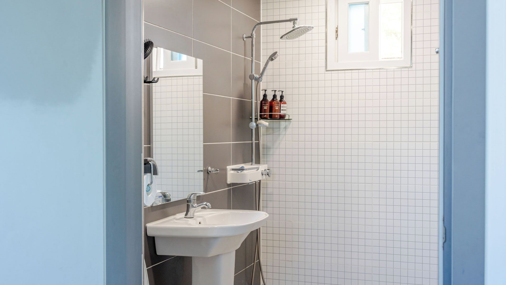 A modern bathroom with a shower, a sink, and a mirror.