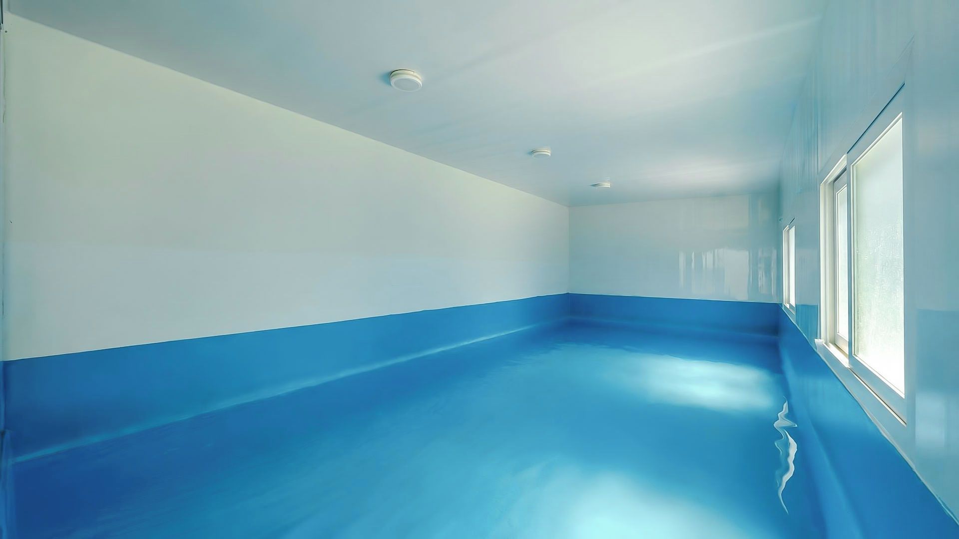 A room with a blue floor, white walls, and a window on the right.