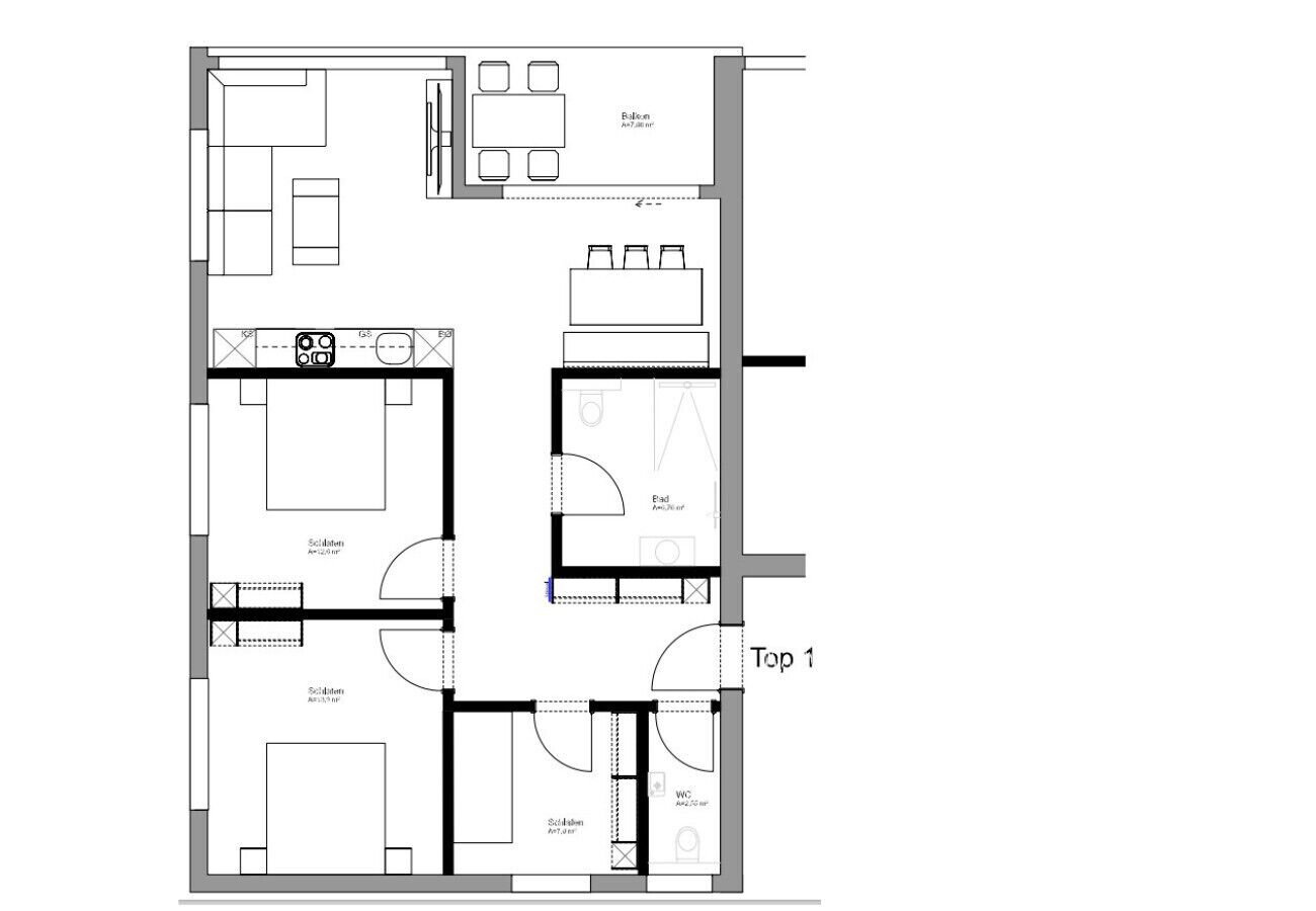 A floor plan of a hotel with multiple rooms, including a dining area, a kitchen, and a bathroom.