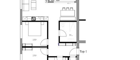 A floor plan of a hotel with multiple rooms, including a dining area, a kitchen, and a bathroom.